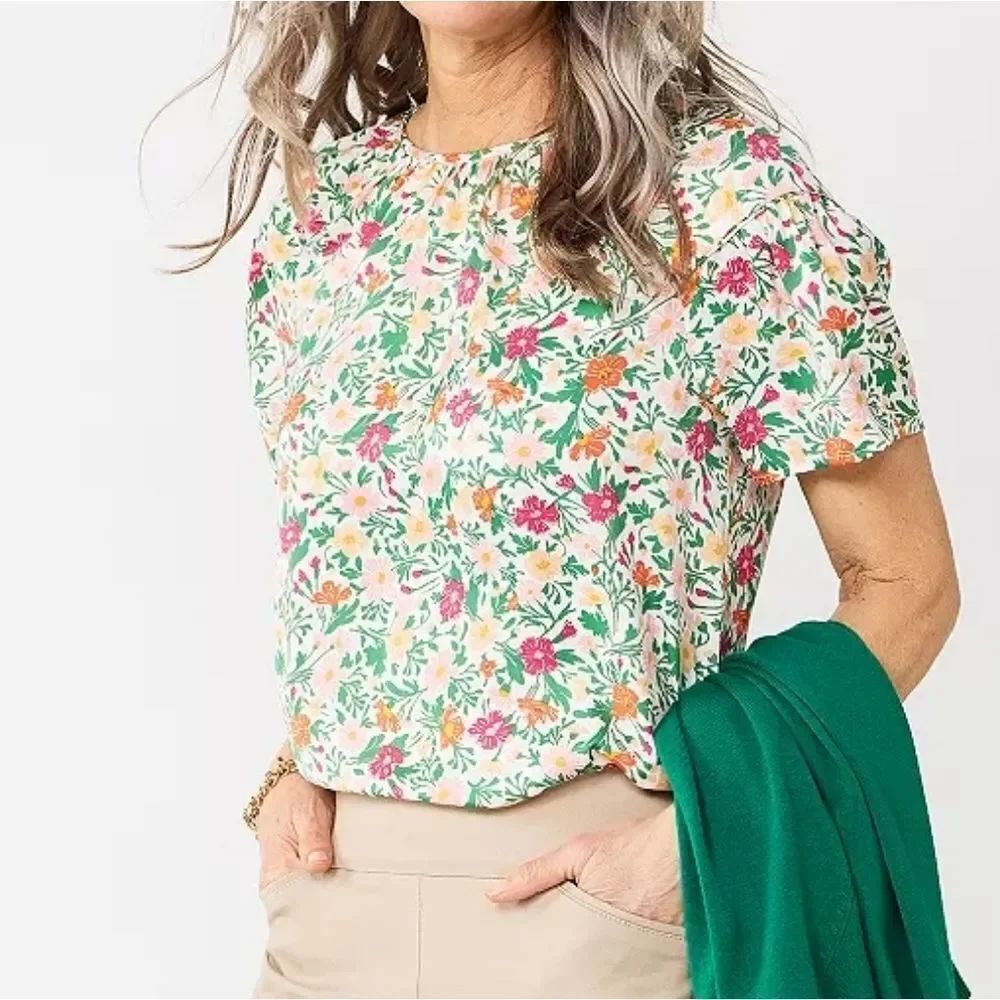 Women's Croft & Barrow White And Pink Piped Raglan Blouse